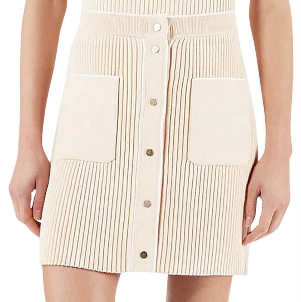 Maje Jarina Beige Ribbed Knit Buttoned Mini Skirt